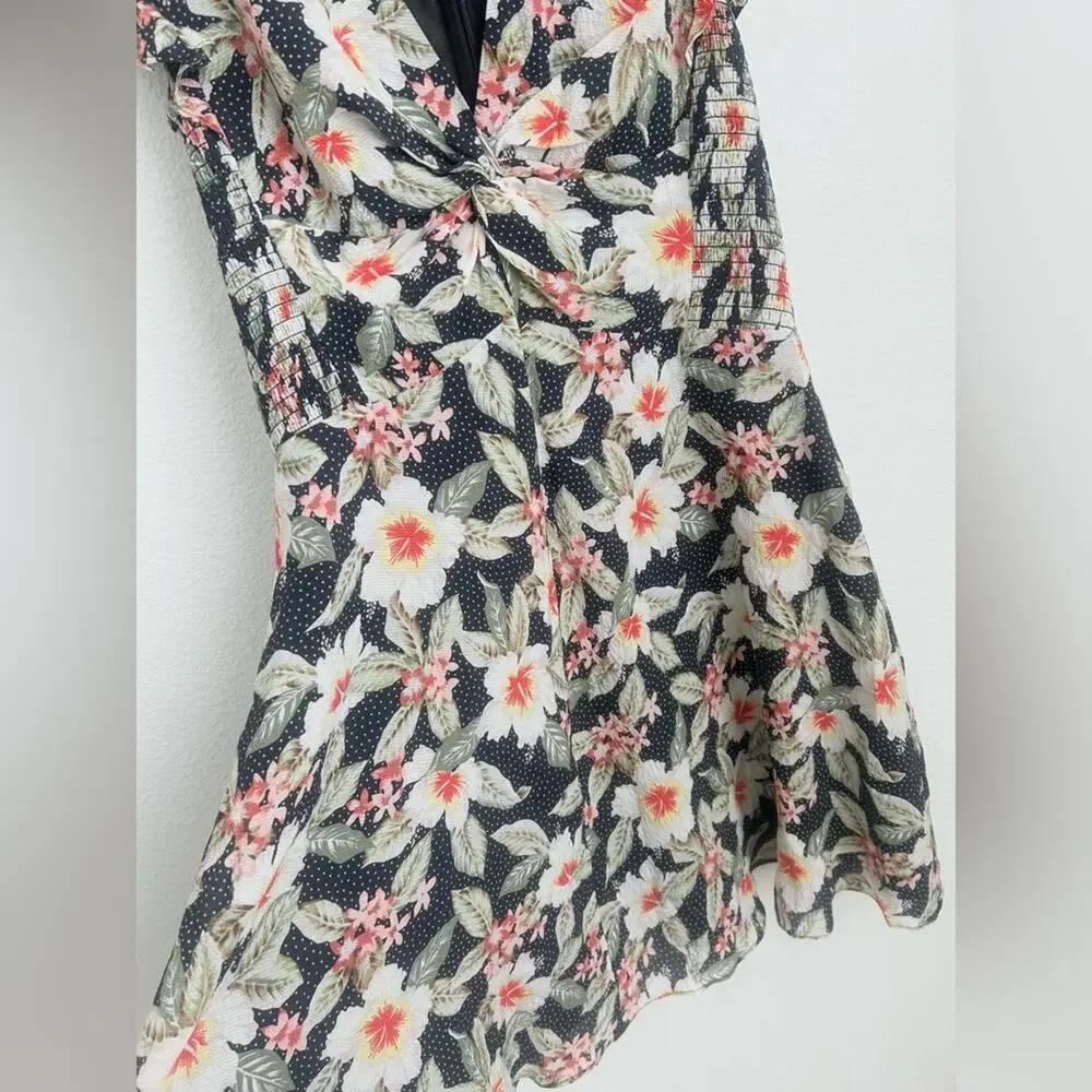 Rebecca Taylor Kamea Fleur Silk V-Neck Floral Mini Dress Smocked Flutter Y2K